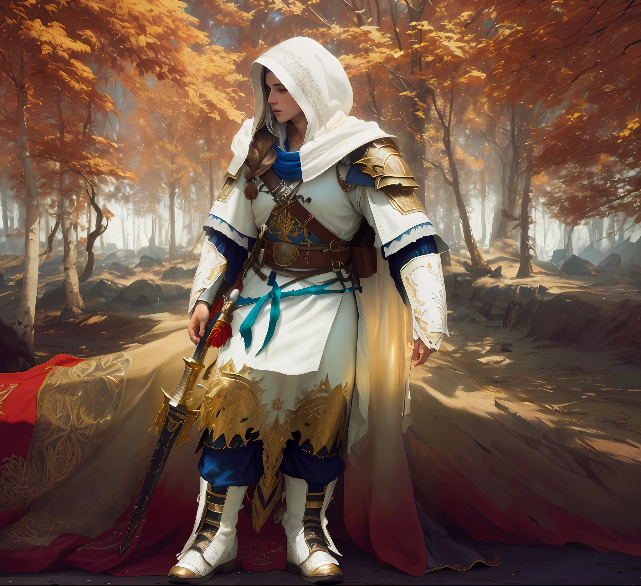a close up of a person in a white outfit warrior outfit, heavy white and golden armor, holding two swords behind back, outfit inspired by assasins creed robes, , adventurer outfit large cloak, fighter ancient mage, costume with blue accents, beautiful detailed intricate insanely detailed octane render trending on artstation, 8 k artistic photography, photorealistic concept art, soft natural volumetric cinematic perfect light, chiaroscuro, award - winning photograph, masterpiece, oil on canvas, raphael, caravaggio, greg rutkowski, beeple, beksinski, giger, perfect composition, beautiful detailed intricate insanely detailed octane render trending on artstation, 8 k artistic photography, photorealistic concept art, perfect framing, without cutting the head.