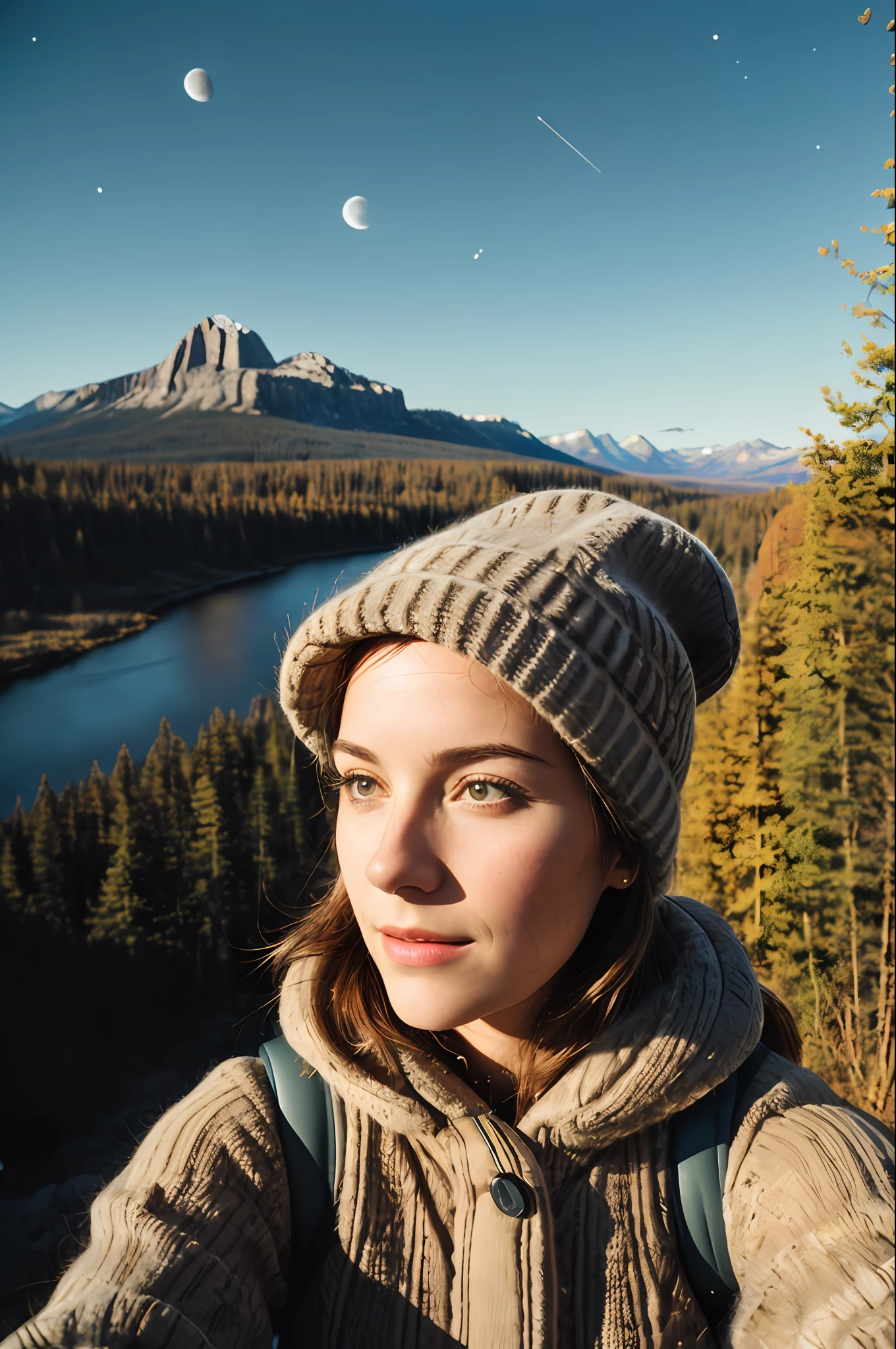 1 woman((upper body selfie, happy)), masterpiece, best quality, ultra-detailed,  solo, outdoors, (night), mountains, nature, (stars, moon)   cheerful, happy, backpack, sleeping bag, camping stove, water bottle, mountain boots, gloves, sweater, hat, flashlight, forest, rocks, river, wood, smoke, shadows, contrast, clear sky,
analog style (look at viewer:1.2)  (skin texture)
(film grain:1.3), (warm hue, warm tone)