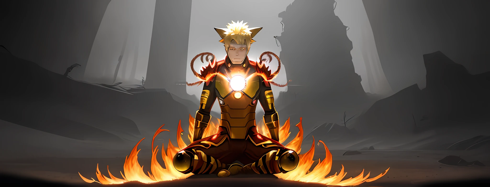 Create a photo of (((battle-hardened Naruto))) in a (((bright yellow))) ((Iron Man themed suit)) (((with black stripes))) (((engulfed in yellow flames))) with (((bright glowing eyes))) with ((((Kurama Nine Tails behind him)))) and ((Kyubi theme)). The yellow color scheme should be aged, with subtle variations in color that add depth and texture to the armor. The warrior should have a rugged and weathered appearance, with scars and other imperfections on their face and hands. The flames should be realistically rendered, with a mix of pink, purple, and white hues that flicker and dance in the air. The flames should also cast light and shadows onto the surrounding environment, adding to the realism of the scene. The environment should be dark and moody, with subtle hints of light that highlight the warrior and their sword. The setting could be a dimly lit dungeon, a misty forest, or a ruined fortress. The lighting should be carefully crafted to create a sense of depth and atmosphere, with realistic shadows and reflections. For the camera setup, use a high-end digital camera like a PhaseOne XF IQ4 with a 80mm lens and a sturdy tripod. Set the camera to ISO 200, f/4.5, and a shutter speed of 1/125. Use a combination of natural and artificial lighting to create a realistic and dramatic effect, with carefully placed light sources that mimic the environment. Use post-processing techniques to enhance the details and textures of the armor and sword, while maintaining a natural and authentic look. The final image should be rendered at the highest possible resolution, with a high level of rendering quality and minimal chaos. The end result should be a photo that looks like it was taken in a real-world setting.