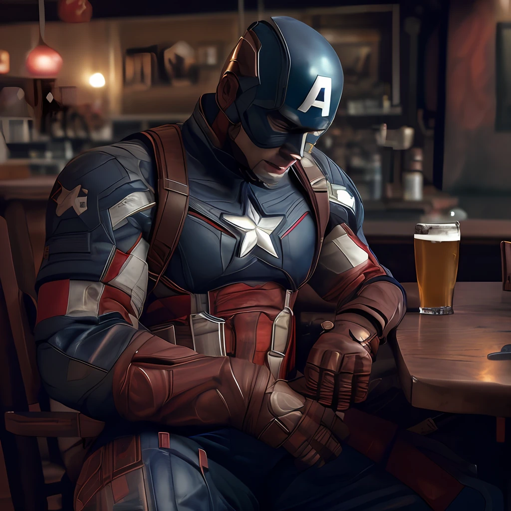 captain america sitting at a table with a beer in his hand, portrait of captain america, captain america, cinematic 3d render, resting after a hard fight, walter white as captain america, photorealistic cinematic render, 3 d render character art 8 k, joe biden as captain america, photorealistic concept art, marvel character, chris evans with a beer belly