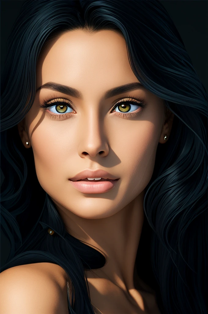 a woman long black hair,fair skin