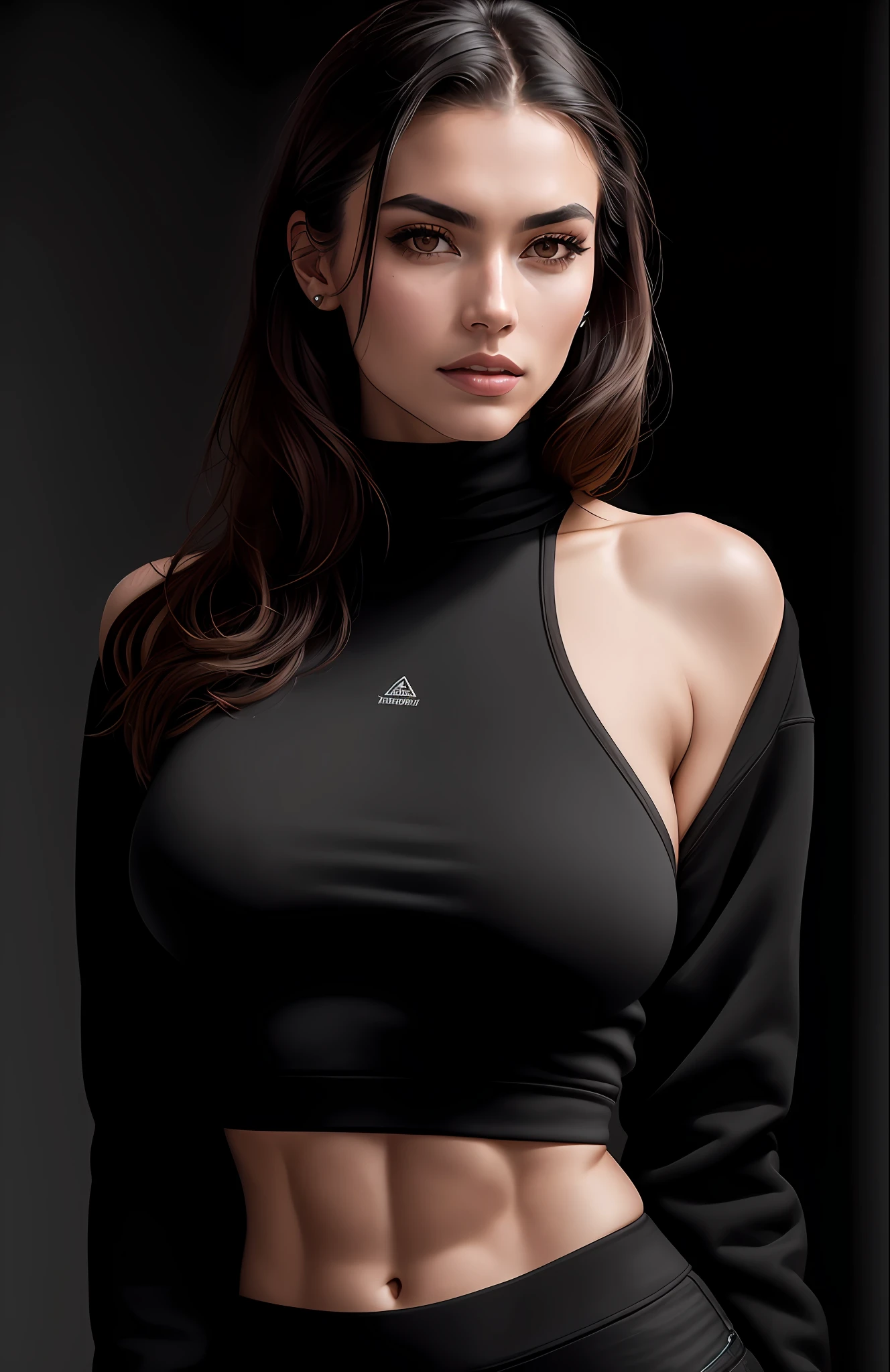 high angle photo of a gorgeous young woman in the style of stefan kostic,abs,  realistic skin texture, looks up,black sweatshirt, 1 / 2 body crop, 8 5 mm art lens, f 1. 2, sharp focus, 8 k high definition, insanely detailed, intricate, elegant, art by stanley lau and artgerm