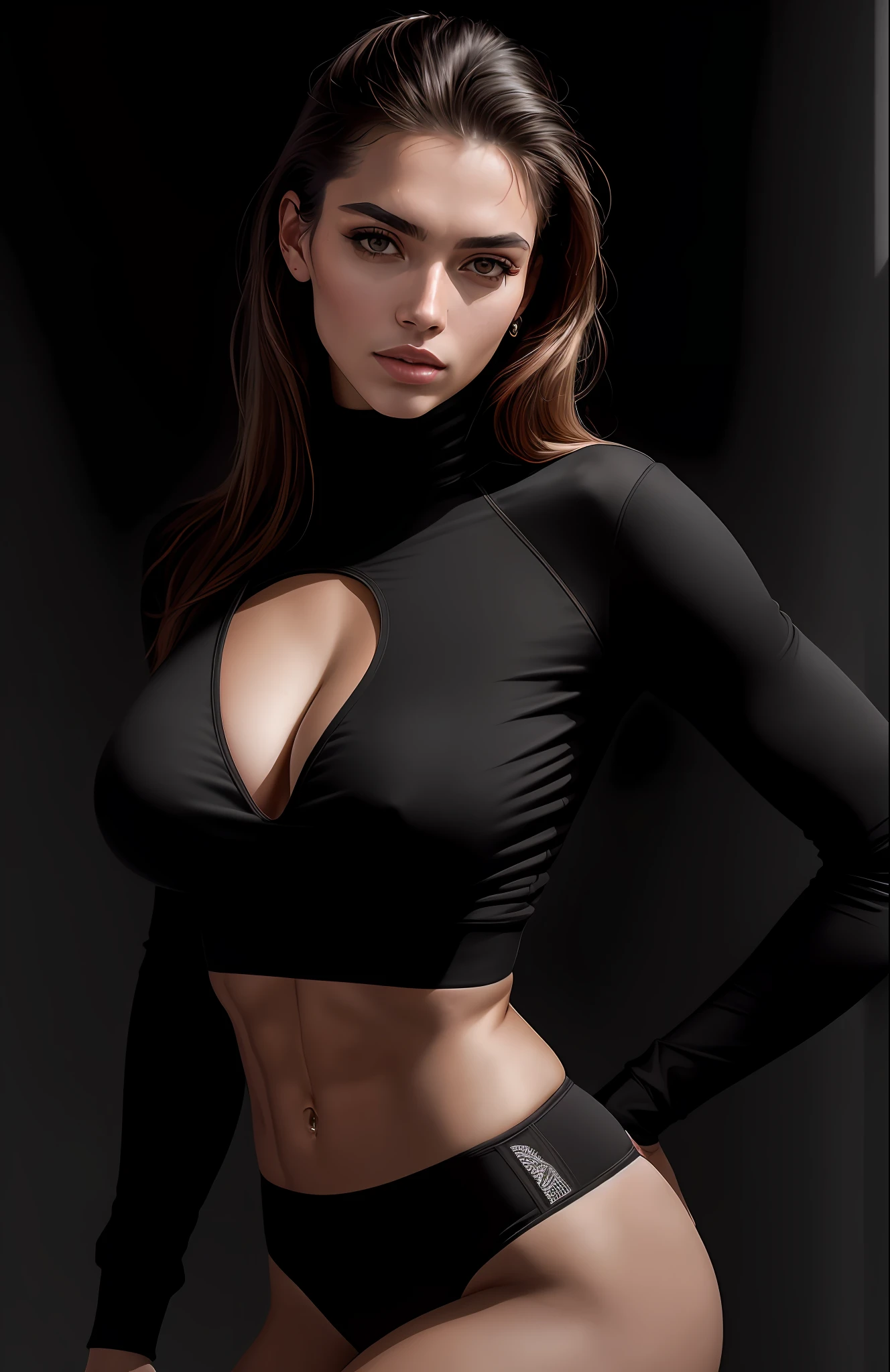high angle photo of a gorgeous young woman in the style of stefan kostic,abs, realistic skin texture, looks up,black sweatshirt, 1 / 2 body crop, 8 5 mm art lens, f 1. 2, sharp focus, 8 k high definition, insanely detailed, intricate, elegant, art by stanley lau and artgerm