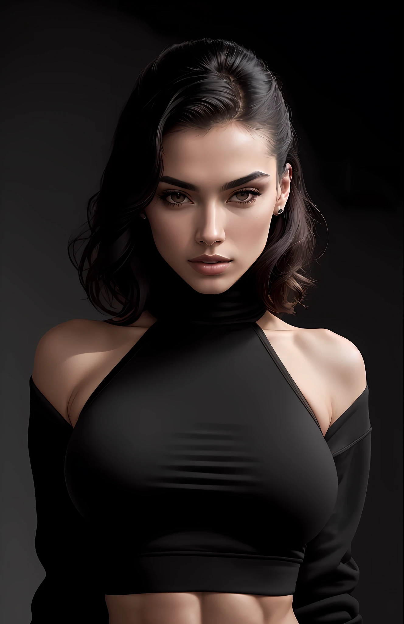 high angle photo of a gorgeous young woman in the style of stefan kostic,abs, realistic skin texture, looks up,black sweatshirt, 1 / 2 body crop, 8 5 mm art lens, f 1. 2, sharp focus, 8 k high definition, insanely detailed, intricate, elegant, art by stanley lau and artgerm