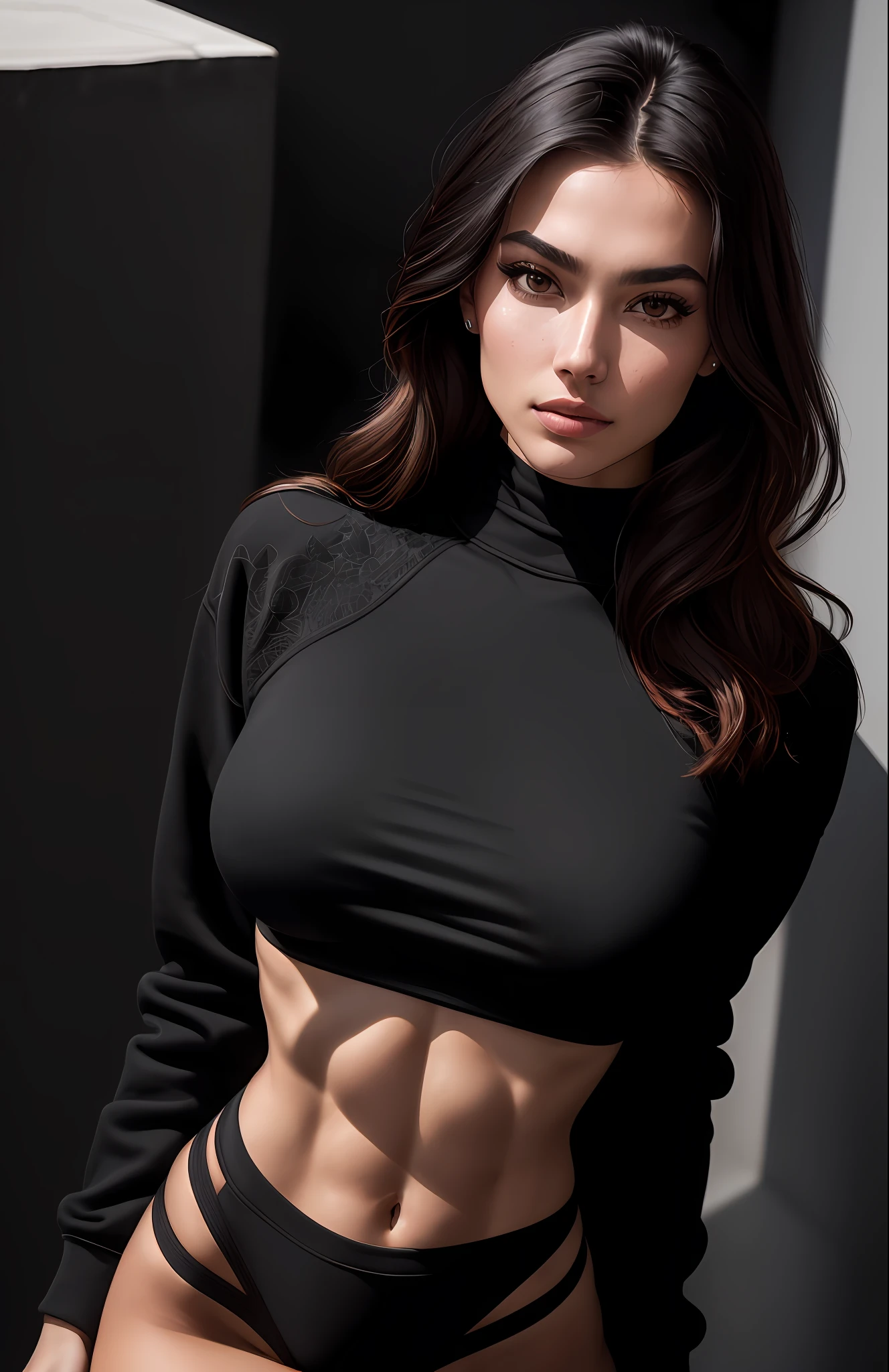 high angle photo of a gorgeous young woman in the style of stefan kostic,abs, realistic skin texture, looks up,black sweatshirt, 1 / 2 body crop, 8 5 mm art lens, f 1. 2, sharp focus, 8 k high definition, insanely detailed, intricate, elegant, art by stanley lau and artgerm