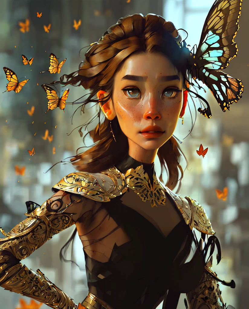 8k portrait of beautiful cyborg with brown hair, intricate, elegant, highly detailed, majestic, digital photography, art by artgerm and ruan jia and greg rutkowski surreal painting gold butterfly filigree, broken glass, (masterpiece, sidelighting, finely detailed beautiful eyes: 1.2), hdr,