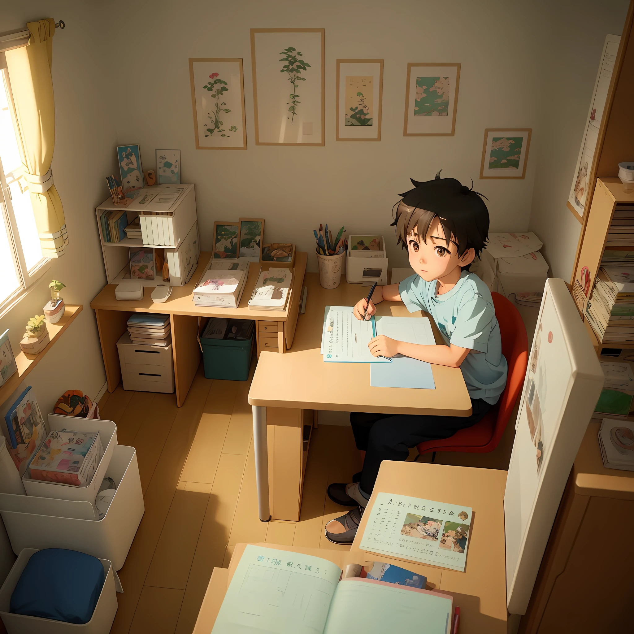 there is a young boy sitting at a desk in a room, makoto shinkai. octane render, makoto shinkai. digital render, realistic anime 3 d style, studio glibly makoto shinkai, octane render. by makoto shinkai, anime film still, anime styled 3d, style of makoto shinkai, in style of makoto shinkai