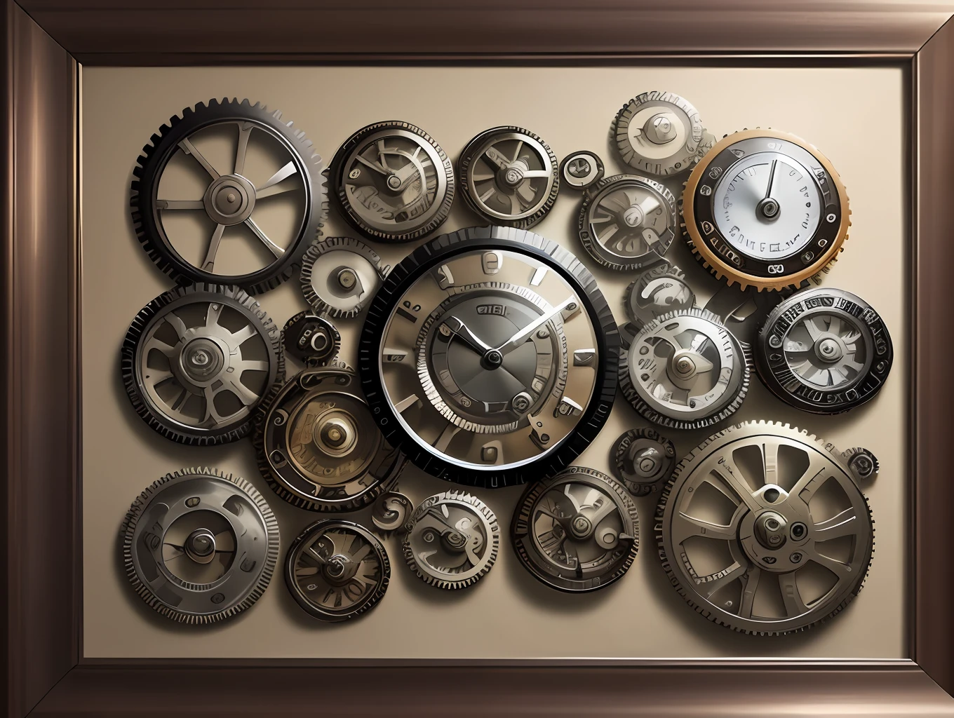 Create a frame filled with scrap parts, gears, watches, tubes, pipes, screws, metallic colors