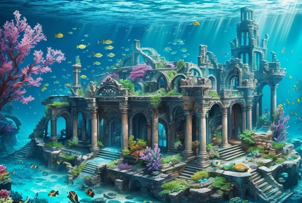 Underwater world deep sea, epic reality, (hdr: 1.4), dappled sunlight, cool colors, ancient ruins, underwater cities, marine life-type houses full of sense of design, incredible, epic composition, (complex details), ( Intricate Detail, Ultra Detail: 1.2), Art Station, Movie Clip, Intricate Background, (Masterpiece, Best Quality) --v 6