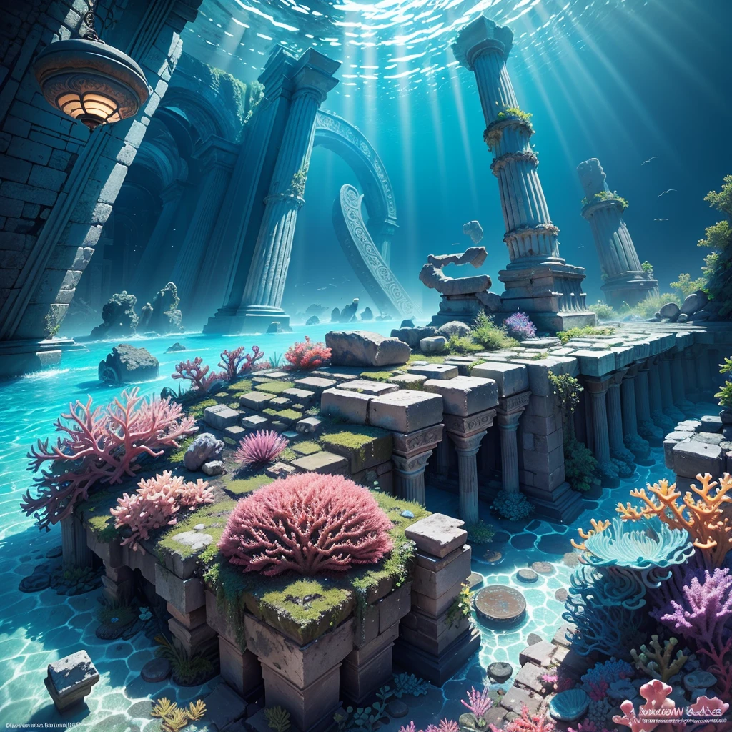 Underwater World Atlantis, Deep Sea, Epic Reality, (HDR: 1.4), Dappled Sun, Cool Colors, ((Ancient Ruins)), Ocean Type Houses Full of Design, Deep Sea Creatures, Coral, Fantastic Incredible, Epic Composition, (Intricate Details), (Intricate Details, Hyper Details: 1.2), Art Station, (Masterpiece, Best Quality) --v 6