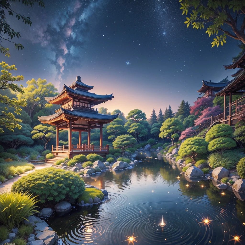 Japanese garden, small bridge and flowing water, night starry sky, summer night sky, fireflies, bamboo forest, extreme details, realistic light, epic composition, (complex details), (complex design, ultra-detail: 1.2), art station, (Masterpiece, Best Quality), Ultra HD, 32k --v 6