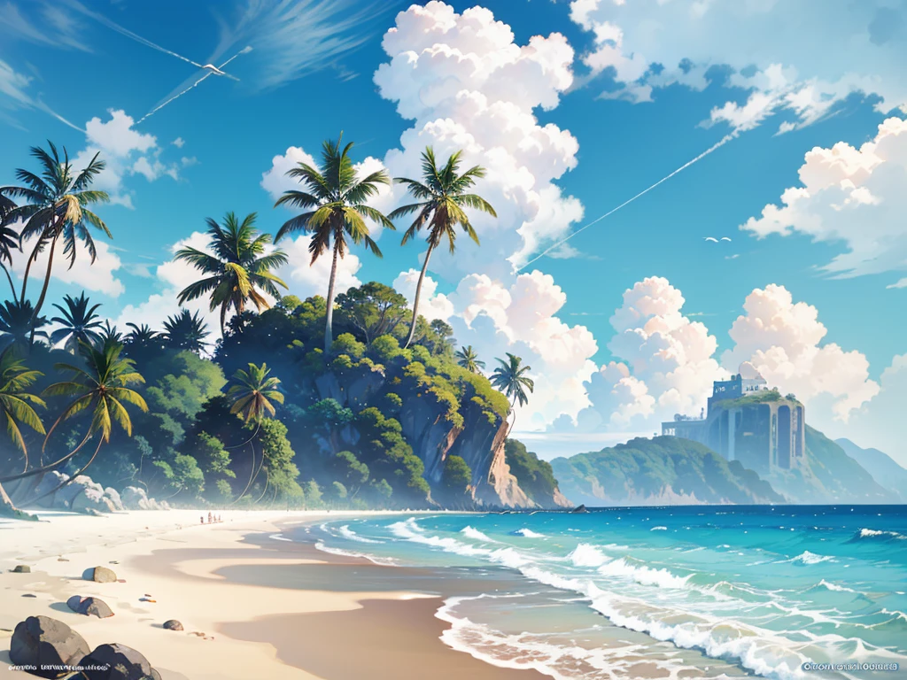 On the beach overgrown with coconut trees, distant peaks, seashores, shells, rich colors, high saturation, cinematic light, beautiful, vivid, sunny, anime film stills, Ghibli style, --v 6