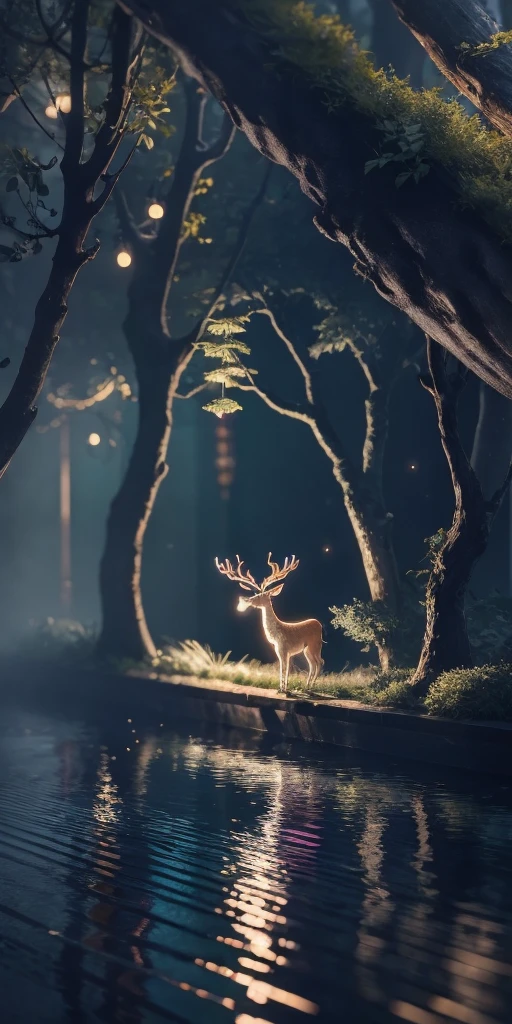 Masterpiece, best quality, (very detailed CG unified 8k wallpaper), (best quality), (best illustration), (best shadow), glowing elf with a glowing deer, drinking water in the pool, natural elements in forest theme. Mysterious forest, beautiful forest, nature, surrounded by flowers, delicate leaves and branches surrounded by fireflies (natural elements), (jungle theme), (leaves), (branches), (fireflies), (particle effects) etc. 3D, Octane rendering, ray tracing, super detailed --v6, animals (centered)