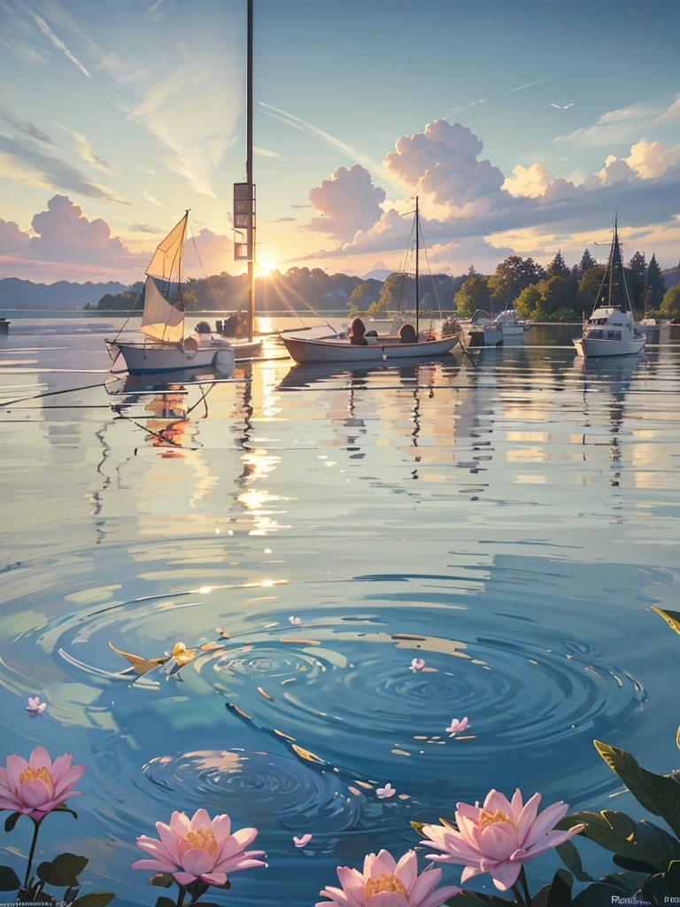 Wallpaper, summer pond, pond, boats, afternoon sun, pond background, depth of field, hot weather, high definition detail, wet watermark, ultra detail, film, surrealism, soft light, deep field focus bokeh, ray tracing, diffuse (ultrafine glass reflections) and surrealism. --v6