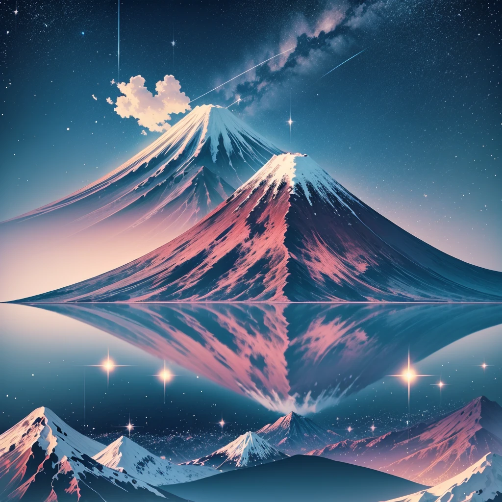 Gradient style illustration, illustration, starry sky, a Mt. Fuji, surrounded by lakes, birds, sunlight, flying snow --v 6