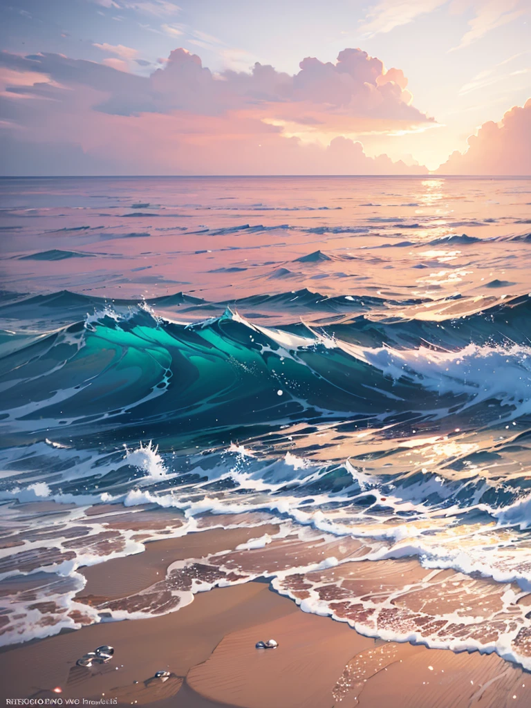 Wallpaper, Sea, Breaking Waves, Pink Sky, Beach, HD Detail, Wet Watermark, Ultra Detail, Film, Hyper Realism, Soft Light, Deep Field Focus Bokeh, Ray Tracing, Diffuse (extra fine glass reflections) and Ultra realism. --v6