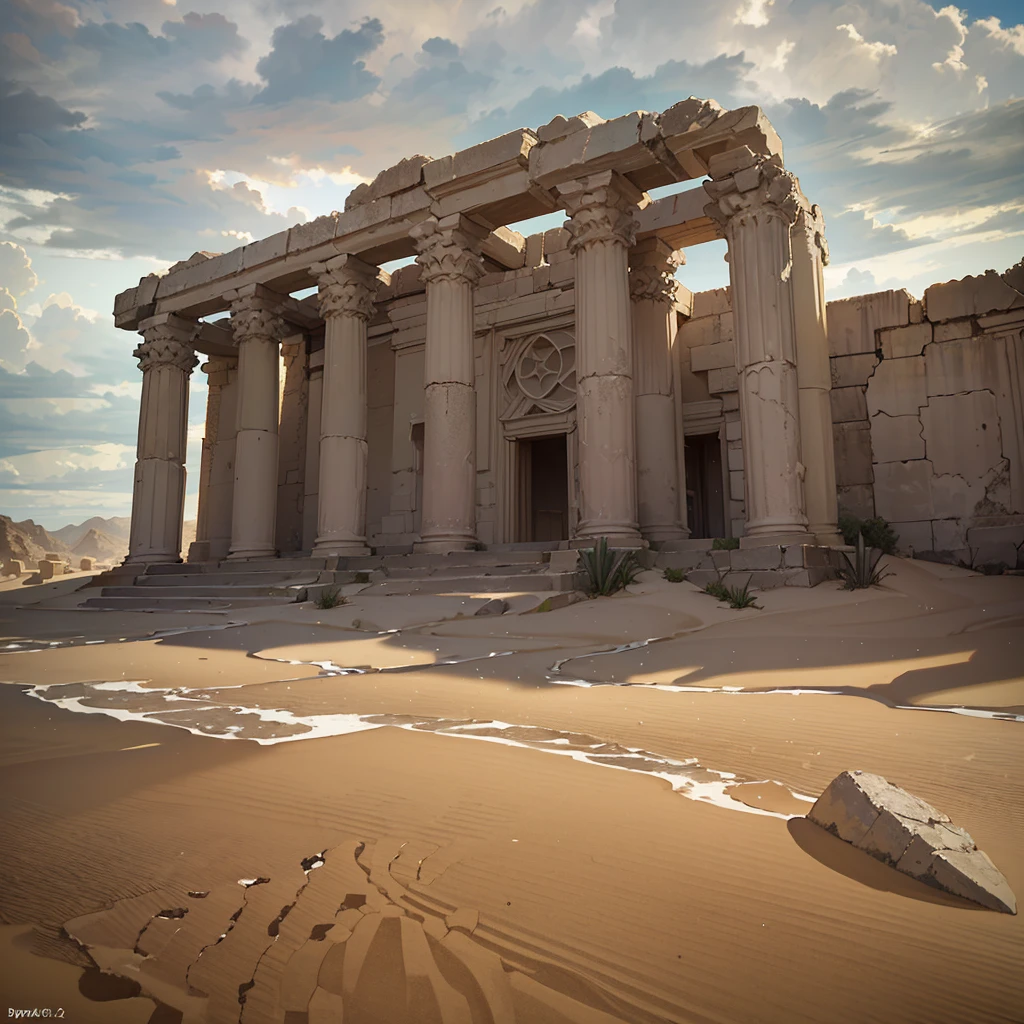 abandon temple in the desert, raining desert, sand, epic reality, (hdr: 1.4), dappled sunlight, cool colors, ancient ruins, full of design sense, (cloudy, dark clouds:1.3), fantastic and incredible, epic composition, (complex Detail), (Complicated Detail, Ultra Detail: 1.2), Art Station, (Masterpiece, Best Quality) --v 6