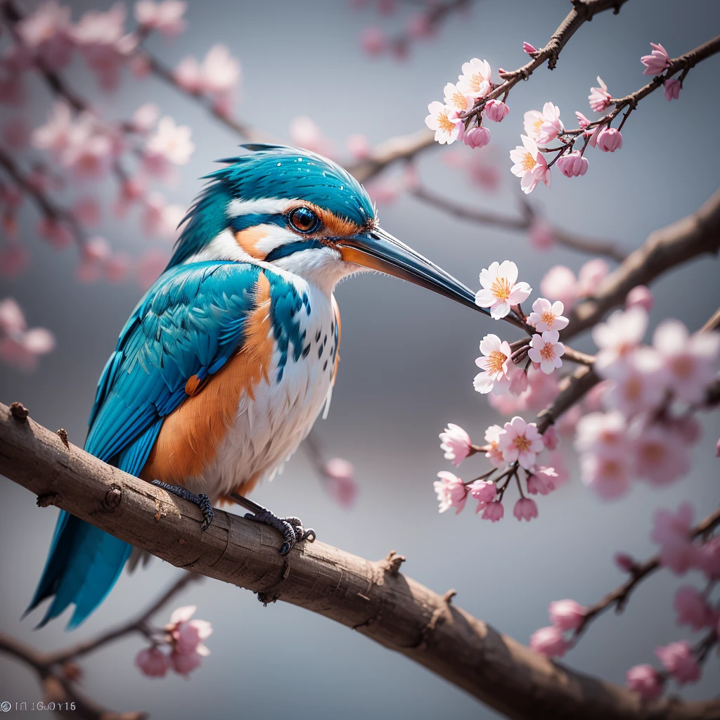 Superb Kingfisher Near White Cherry Blossoms on Branches, Dark, Dawn, (Cold Morning: 1.1), (Morning Dew: 1.15), Realistic Photography, (Low Photo: 1.2), Detail, 8K, Intricate Folded Feathers, Water Droplets on Feathers, (to8contrast style), (MIST: 0.7), Bright Colors, Sony a6600 Mirrorless Camera, embellish2 --v 6