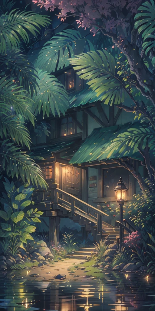 Masterpiece, best quality, (very detailed CG unity 8k wallpaper), (best quality), (best illustration), (best shadows), glow sprite, with a glowing deer, in the swimming pool Drinking water, natural elements in the forest theme. Mysterious forest, beautiful forest, nature, surrounded by flowers, delicate leaves and branches surrounded by fireflies (natural elements), (jungle theme), (leaves), (twigs), (fireflies), (particle effects) etc. 3D , Octane rendering, ray tracing, super detailed --v6