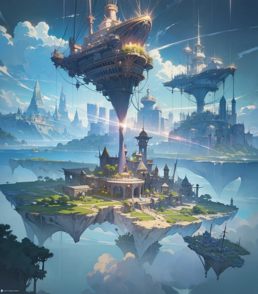 Many islands are suspended in the air with many small airships flying around, cities, fantasy, magical plants growing, extreme details, realistic light, epic composition, (complex details), (complex design, ultra-details :1.2), Art Station, (Masterpiece, Best Quality), Ultra HD, 32k --v 6
