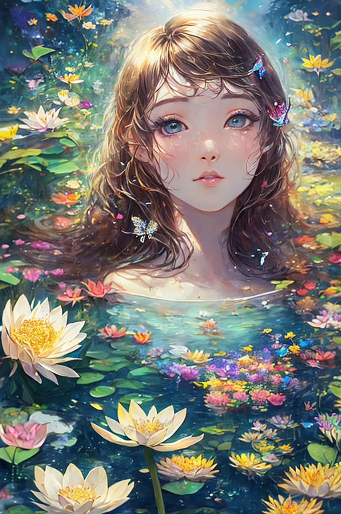 Masterpiece, 1girl,, beautiful and delicate face, age:21, long hair, medium chest, hair flower, water on the skin, shyness, butterfly, meadow, waterfall, lotus, dawn, (very detailed), (realistic), bright colors, bright, deep shadows, dynamic light, colorwater--v6