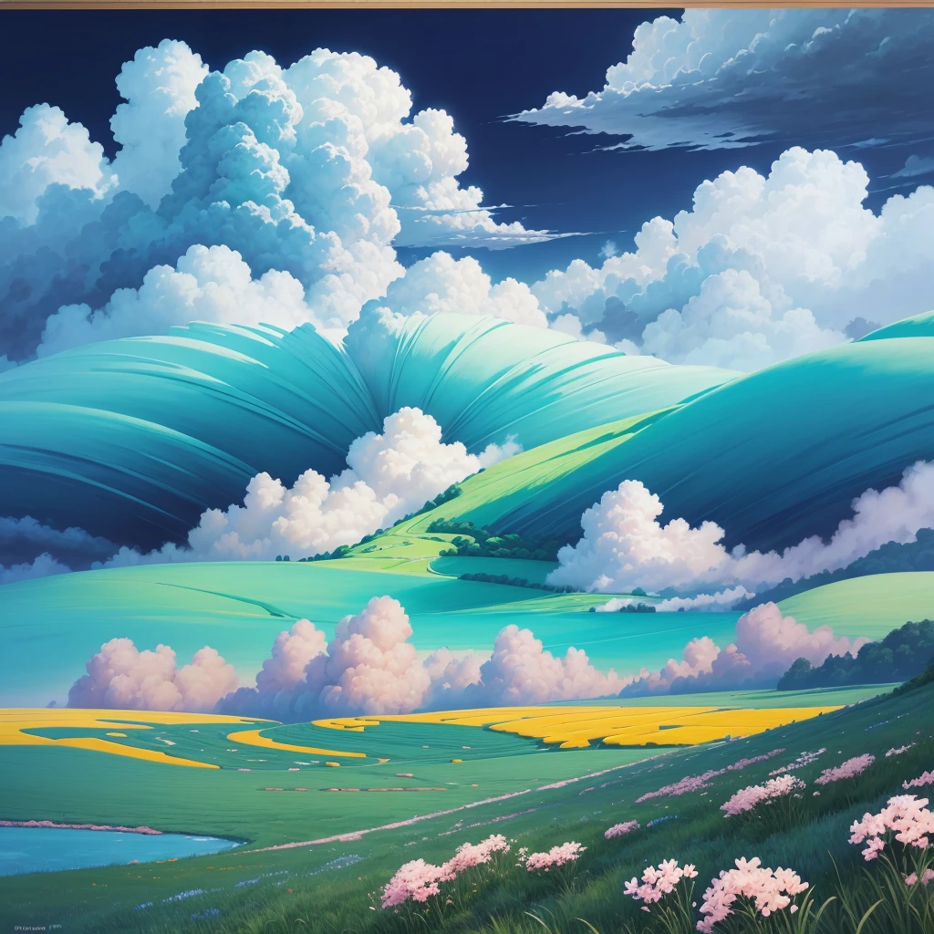 Realistic, real, beautiful and amazing landscape oil painting Studio Ghibli Hayao Miyazaki's petal grassland with blue sky and white clouds --v6
