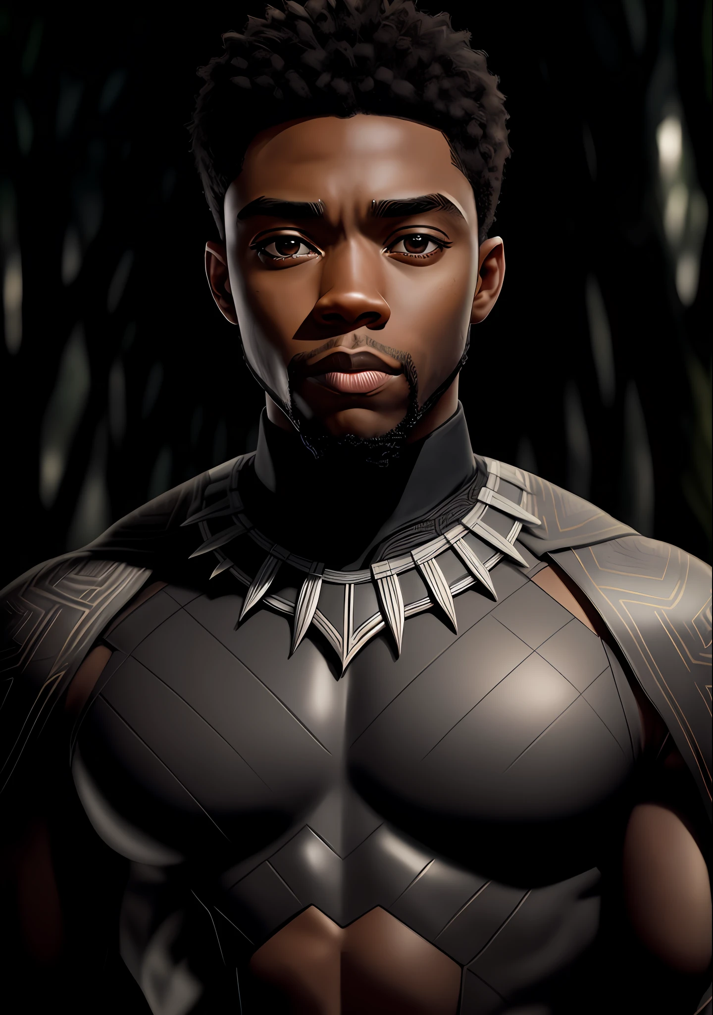 portrait of a photo of Chadwick Boseman with strong face, hair should be short next to the film of the black panther in an African ensemble outfit of black and gray tones, with beard appearing to be over 40 years old, with black eyes, posing an African forest, with two-tone lighting, sharp focus, matte black matrix,  octane, unreal, low key,