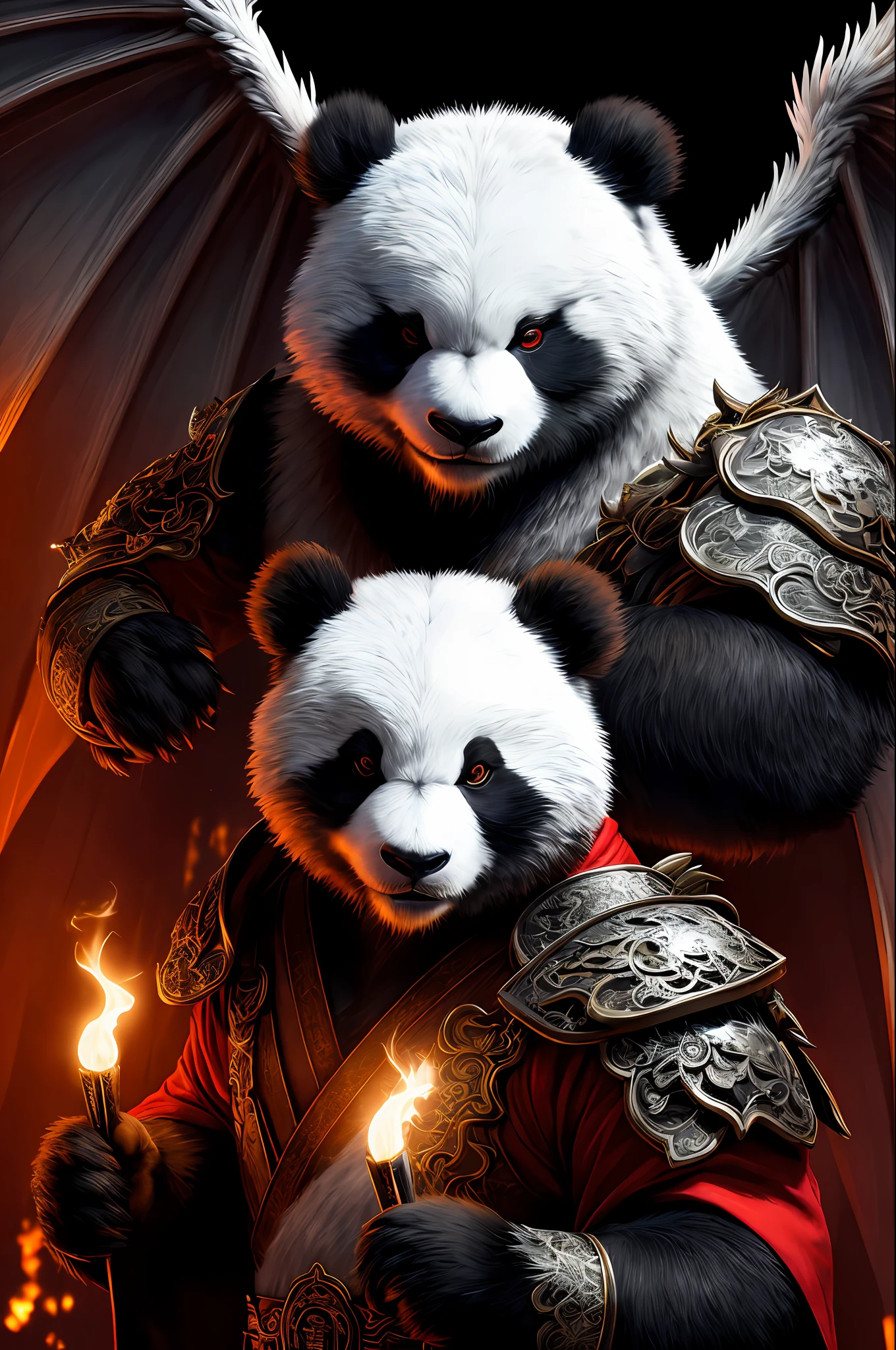 extremely detailed 8k wallpaper), intricate, richly detailed, dramatic, Panda bear with white kimono, ready for combat, Sinister face is drawn with only a pair of red eyes peeking underneath, highly detailed gray feathered dragon wings with translucent membranes, graphics insanely, light is reflected in the ornaments, bright ashes ooze from the torches in the vaulted passage during the leisurely walk through the shadowy cathedral, Show the whole person with some distance from the surroundings to get your own license.