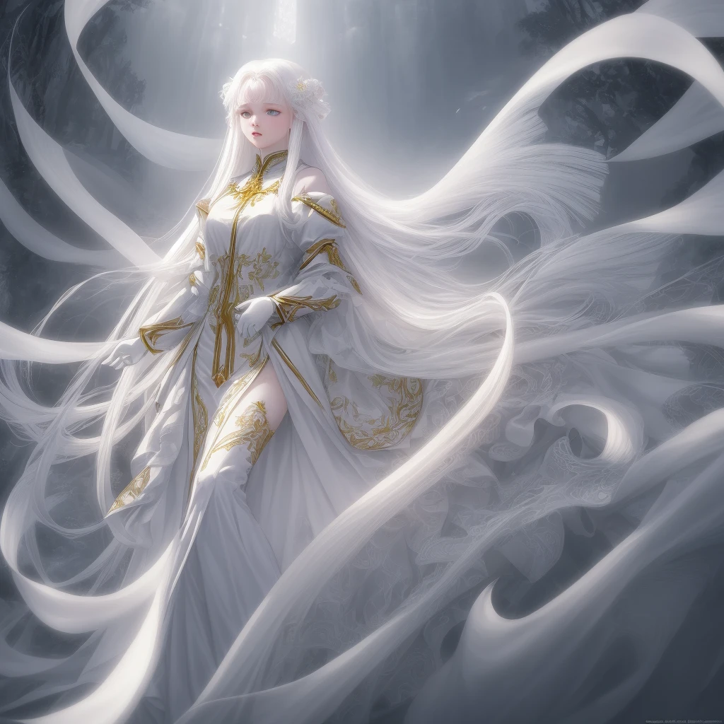A masterpiece, the best quality, a young woman, albino, yellow-colored eyes, dressed in white satin clothes, long hair, full body, in a mystical landscape, (very detailed 8k CG unit wallpapers), (best quality) (perfect hands) (ultra realistic)