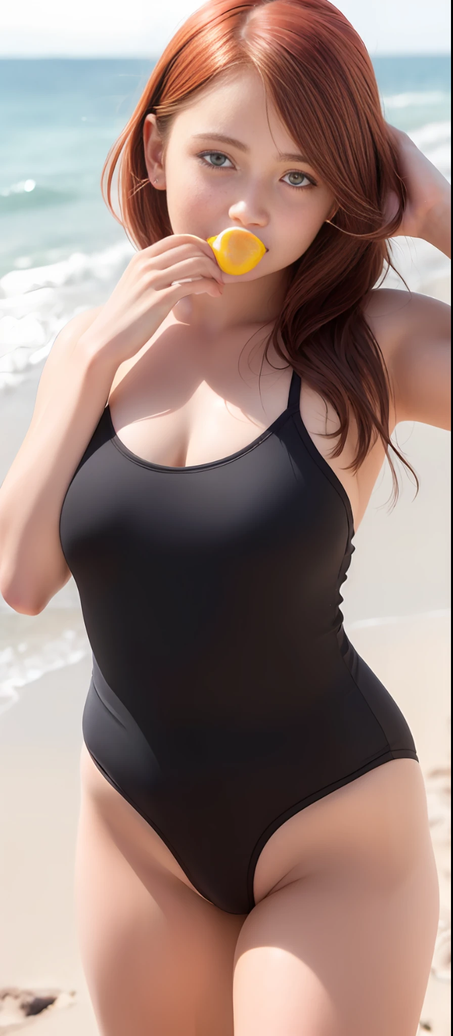 A beautiful teenage girl, . Brazilian, 8k uhd, pixar style, super detailed, red hair, honey colored eyes, cute, ((big cheeks)), wearing black swimsuit, (((covering mouth and nose with hand))). Beach, happy face, smiling, shy, alone.