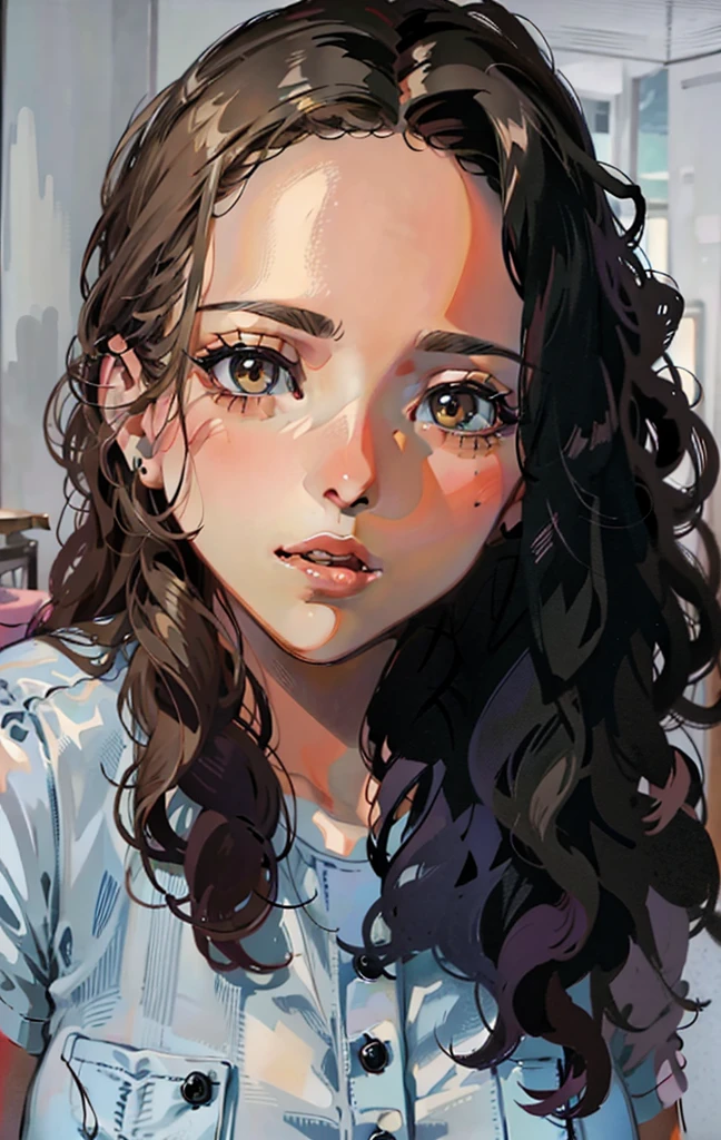 there is a woman with long curly hair posing for a photo, 20 year old woman by Nándor Katona, frontal photo, with long curly hair, no makeup wavy hair, curly hair, messy curly hair, curly hair, curly hair, light curly hair, looks fabiula birth, long dark curly hair, she is playing with her cats in her room