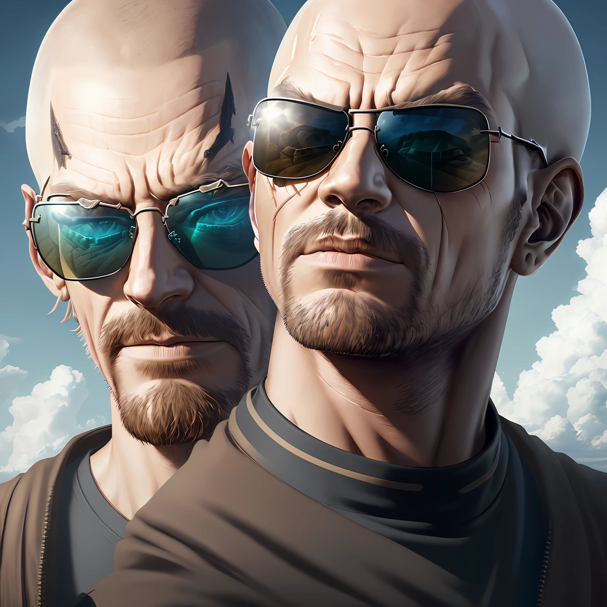 (extremely detailed CG unity 8k wallpaper,masterpiece, best quality, ultra-detailed),best illumination, best shadow, a dark, gritty and intense, (Breaking Bad inspired,phone wallpaper), dynamic angle, dynamic pose,
(1 character: :1.5), (sunglasses: :1.4), (bald head: :1.3), blue background, Volumetric light.
