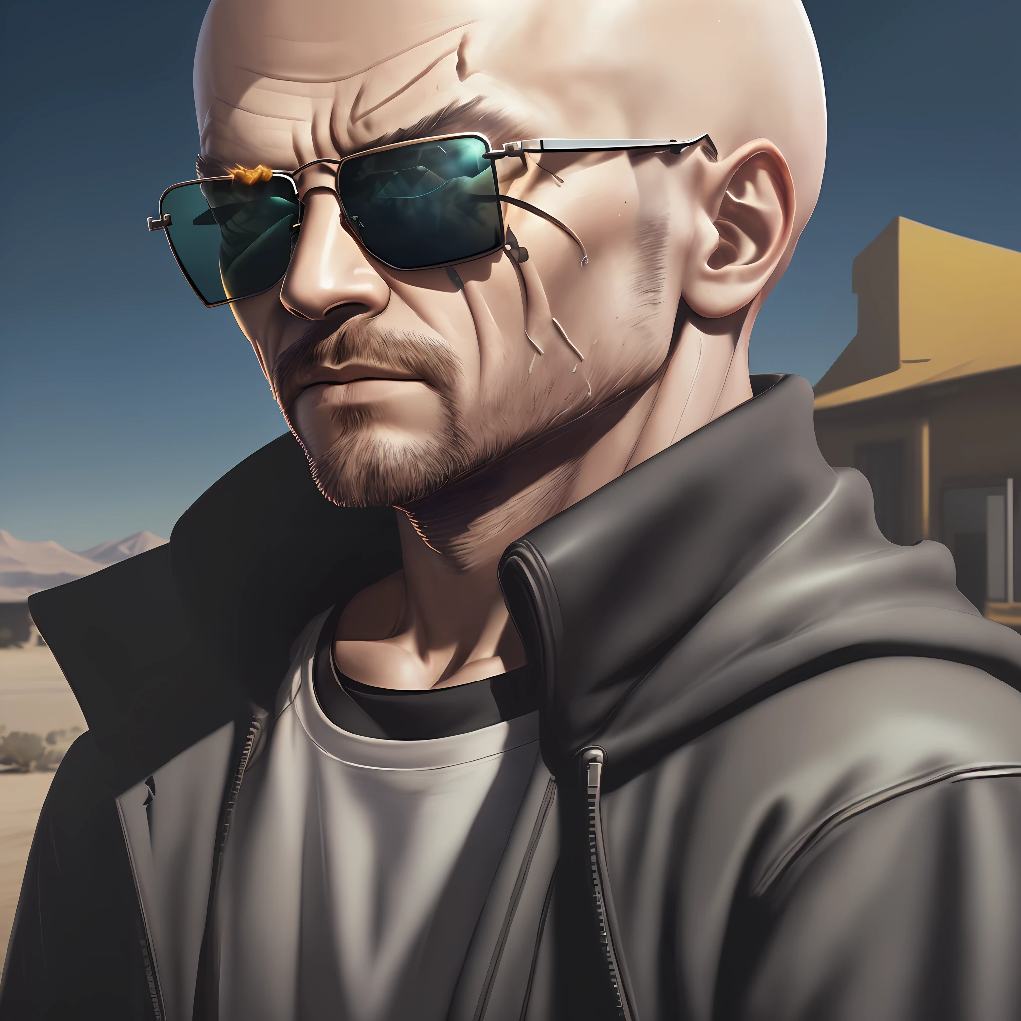 (extremely detailed CG unity 8k wallpaper,masterpiece, best quality, ultra-detailed),best illumination, best shadow, a dark, gritty and intense, (Breaking Bad inspired,phone wallpaper), dynamic angle, dynamic pose,
(1 character: :1.5), (sunglasses: :1.4), (bald head: :1.3), blue background, Volumetric light.
