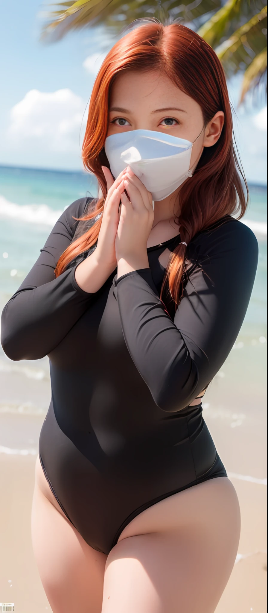 A beautiful teenage girl, . Brazilian, 8k uhd, pixar style, super detailed, red hair, honey colored eyes, cute, ((big cheeks)), wearing black swimsuit, ((((covering mouth and nose with hands)))). Beach, happy face, smiling, shy, alone.