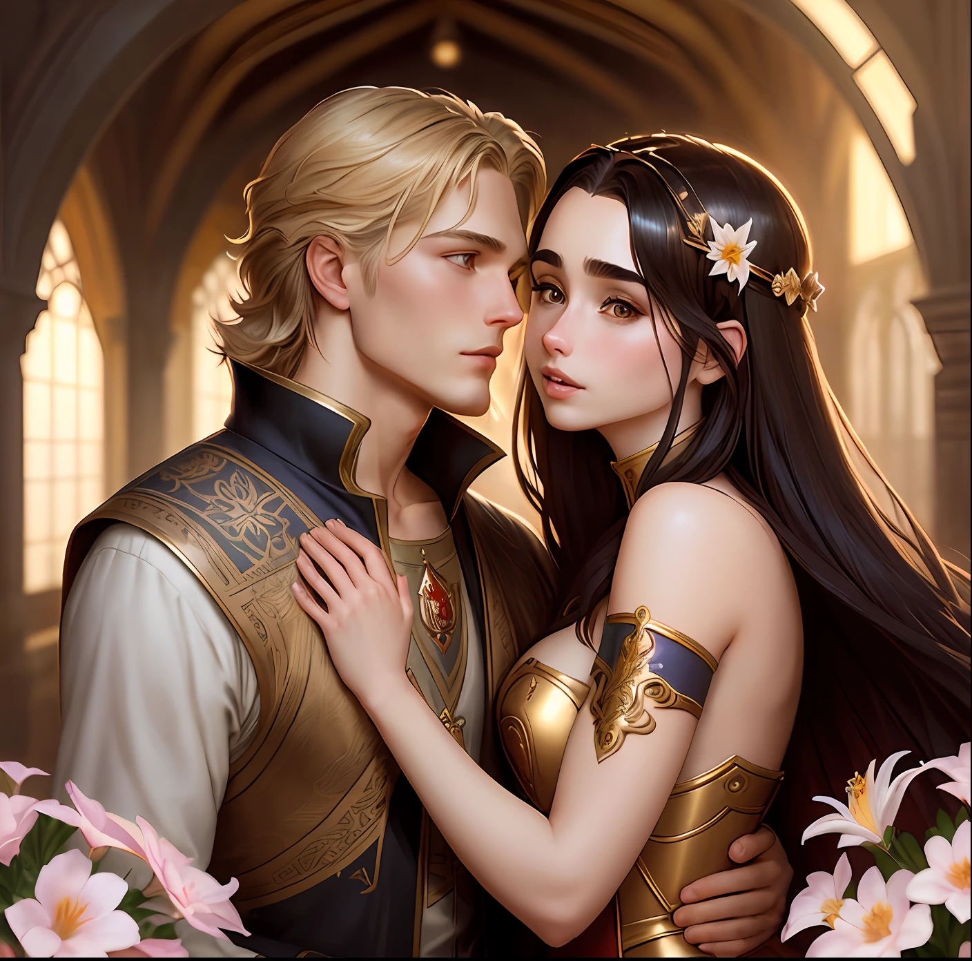 Neels Visser prince who has golden blonde hair, wearing a medieval prince outfit and Lily Collins, with black hair wearing a red plebeian dress, kissing, the illustration is detailed, soft and shiny, scenery full of flowers, art by Greg Hildebrandt, Citemer Liu, Stjepan Sejic, Samyang , Aykut Aydogdu, Justin Gerard, Alphonse Mucha, Artgerm, WLOP and Greg Rutkowski