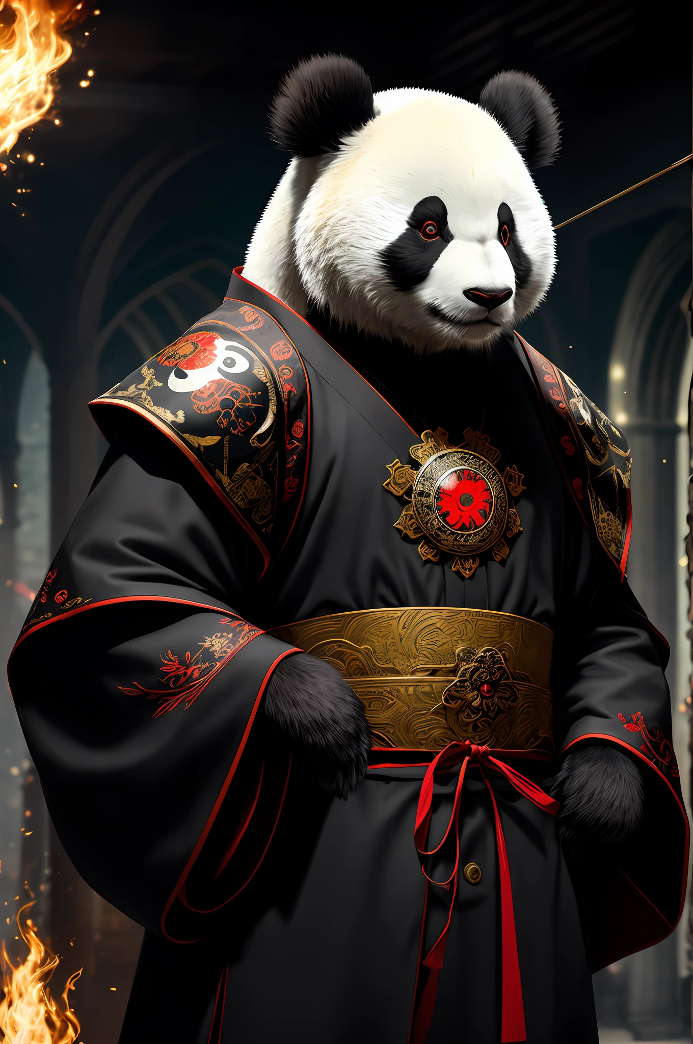 extremely detailed 8k wallpaper), intricate, richly detailed, dramatic, Panda bear with white kimono, ready for combat, Sinister face is drawn with only a pair of red eyes peeking underneath, graphics insanely, light is reflected in the ornaments, bright ashes ooze from the torches in the vaulted passage during the leisurely walk through the gloomy cathedral,  Show the whole person with some distance from the surroundings to get your own license.
