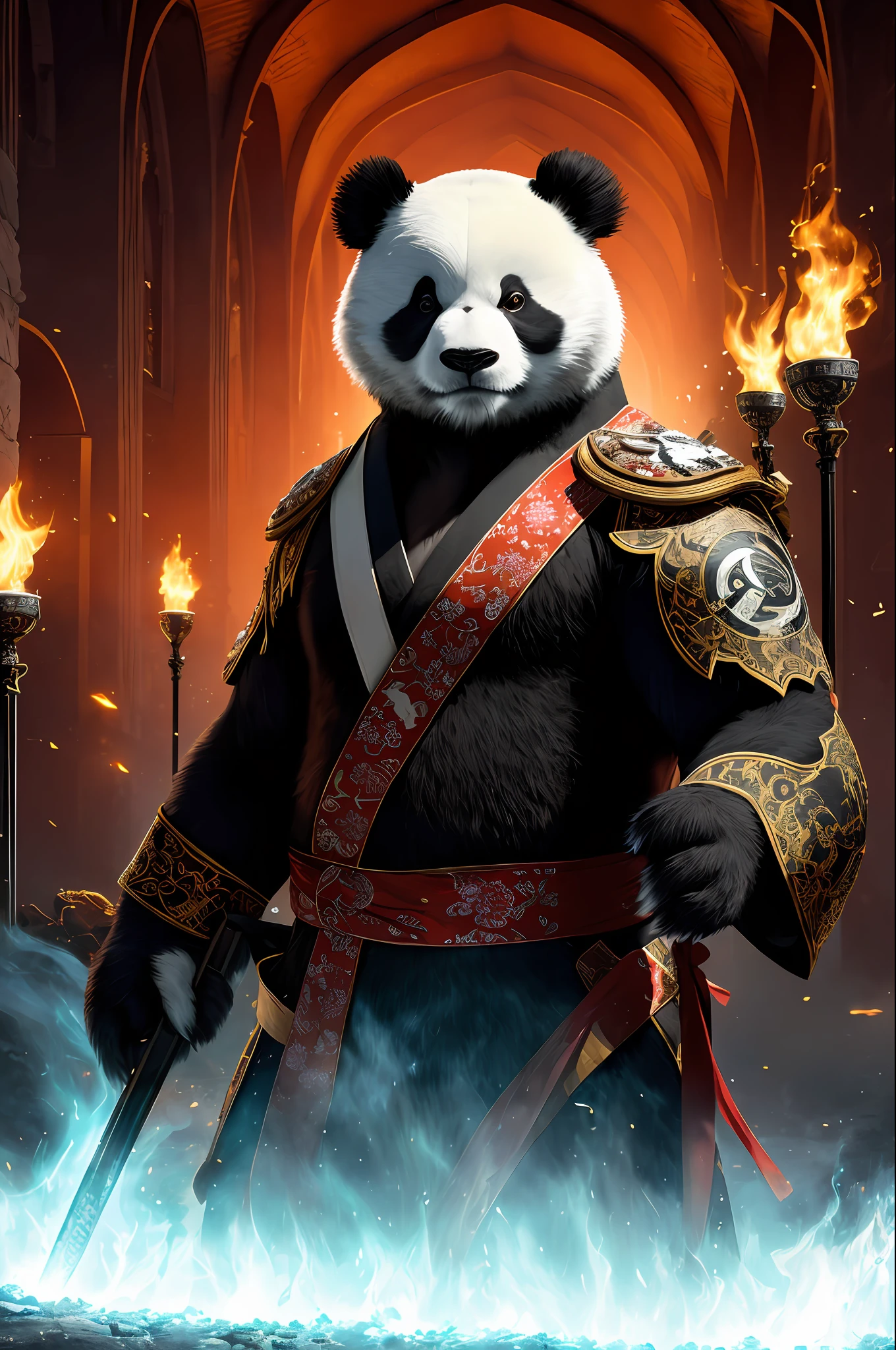 extremely detailed 8k wallpaper), intricate, richly detailed, dramatic, Panda bear with white kimono, ready for combat, Sinister face is drawn with only a pair of red eyes peeking underneath, highly detailed with translucent membranes, graphics insanely, light is reflected in the ornaments, bright ashes ooze from the torches in the vaulted passage during the leisurely walk through the shadowy cathedral,  distance from the surroundings to get your own license.