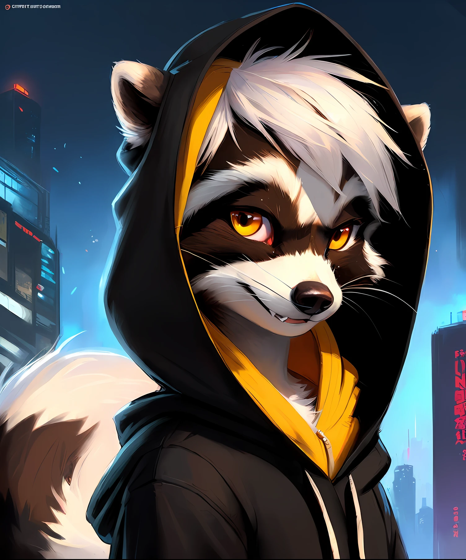 beautiful, masterpiece, 4k, 8k, high-res, sharp lighting, kenket, Ross Tran, ruan jia, detailed eyes, detailed face, detailed illustration, (((raccoon character, long fluffy tail)), red, black and white color palette for RACCOON fur))), (((sharp eyes))), (yellow eyes), (((wearing a black hoodie with the hood pulled up, white hair falling into face under the hood))), city at night background, looking at viewer, smiling, fangs showing, portrait