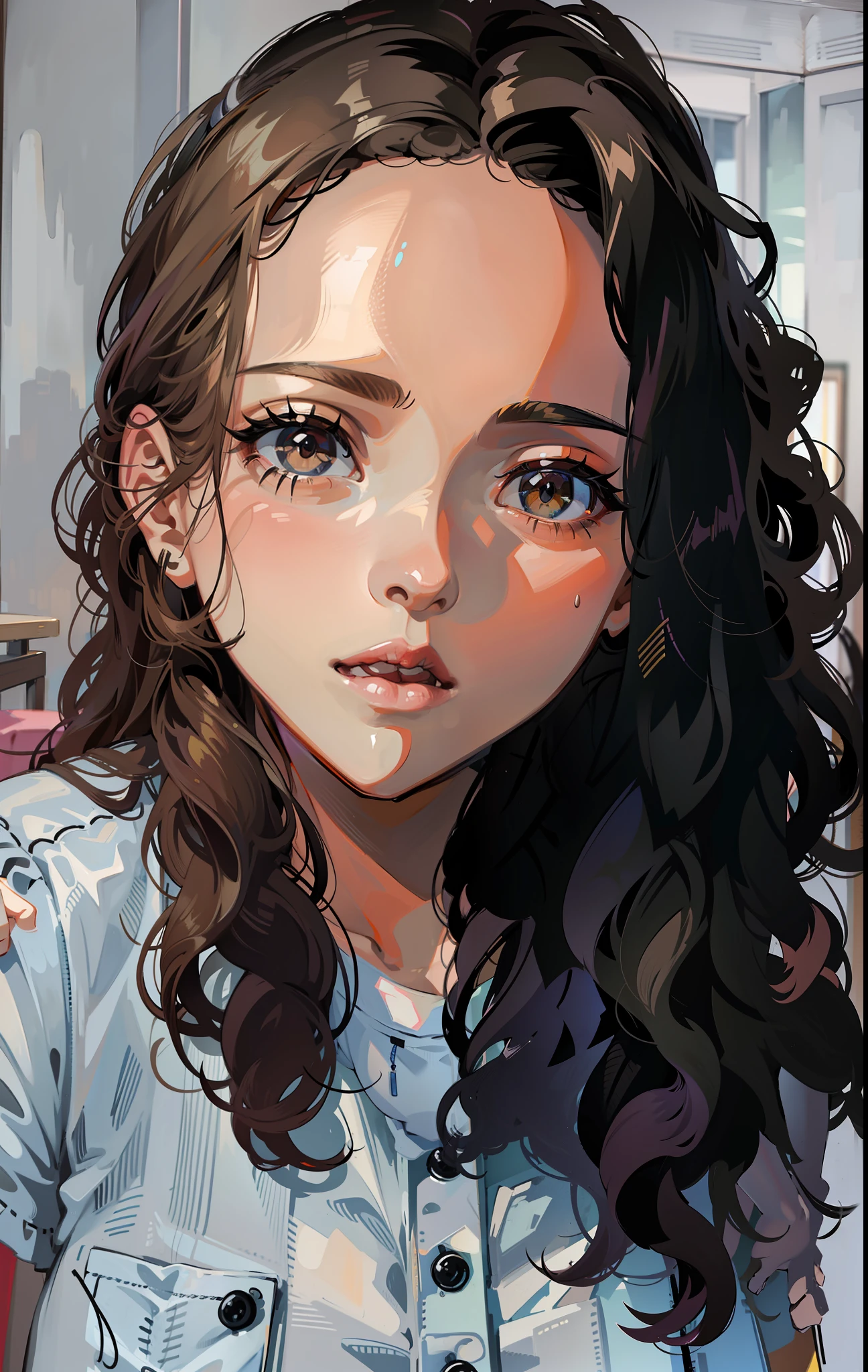 there is a woman with long curly hair posing for a photo, 20 year old woman by Nándor Katona, frontal photo, with long curly hair, no makeup wavy hair, curly hair, messy curly hair, curly hair, curly hair, light curly hair, looks fabiula birth, long dark curly hair, she is playing with her cats in her room