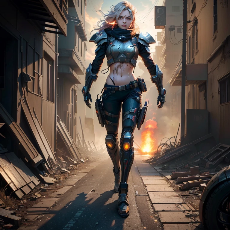 VitRakusan as post-apocalypse, 2 helmetless combat armor, victory, dusk, explosions, fire, laser beam