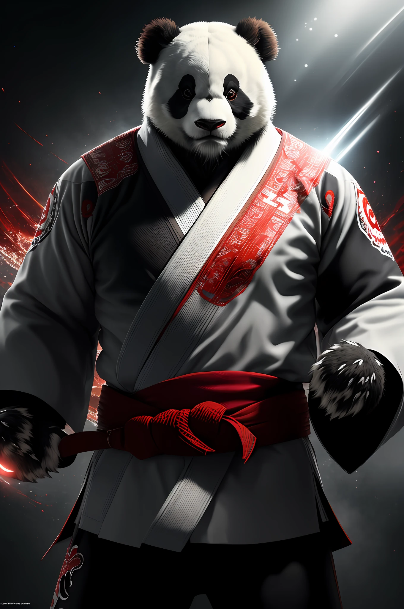 extremely detailed 8k wallpaper), intricate, richly detailed, dramatic, (Panda bear with white jiu-jitsu kimono), Tekken style, ready for combat, Sinister Face is drawn with only a pair of red eyes peeking underneath, graphics insanely, light is reflected in the ornaments, dark, show the whole person with some distance from the surroundings to get your own license.