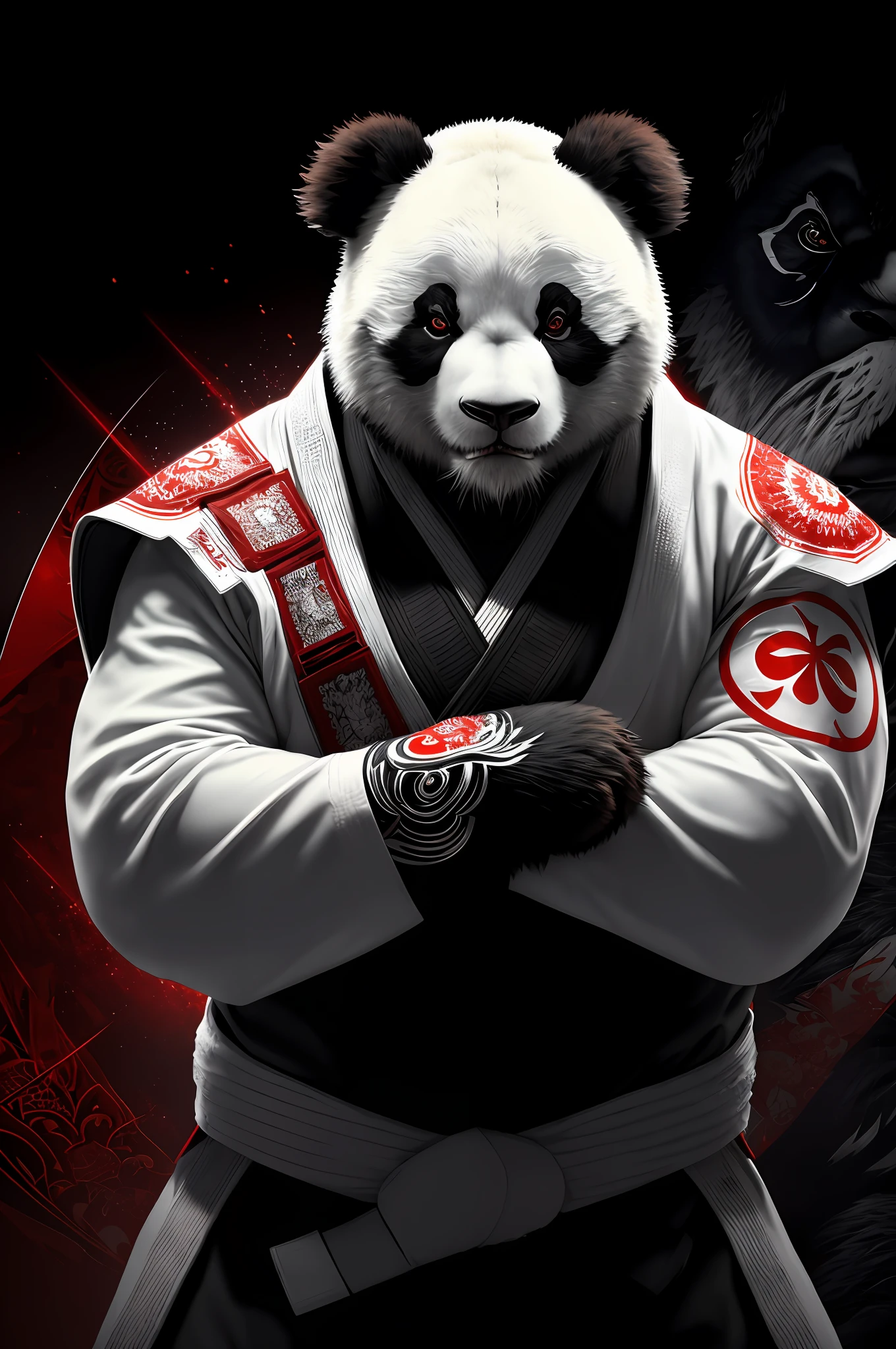 extremely detailed 8k wallpaper), intricate, richly detailed, dramatic, (Panda bear with white jiu-jitsu kimono), Tekken style, ready for combat, Sinister Face is drawn with only a pair of red eyes peeking underneath, graphics insanely, light is reflected in the ornaments, dark, show the whole person with some distance from the surroundings to get your own license.