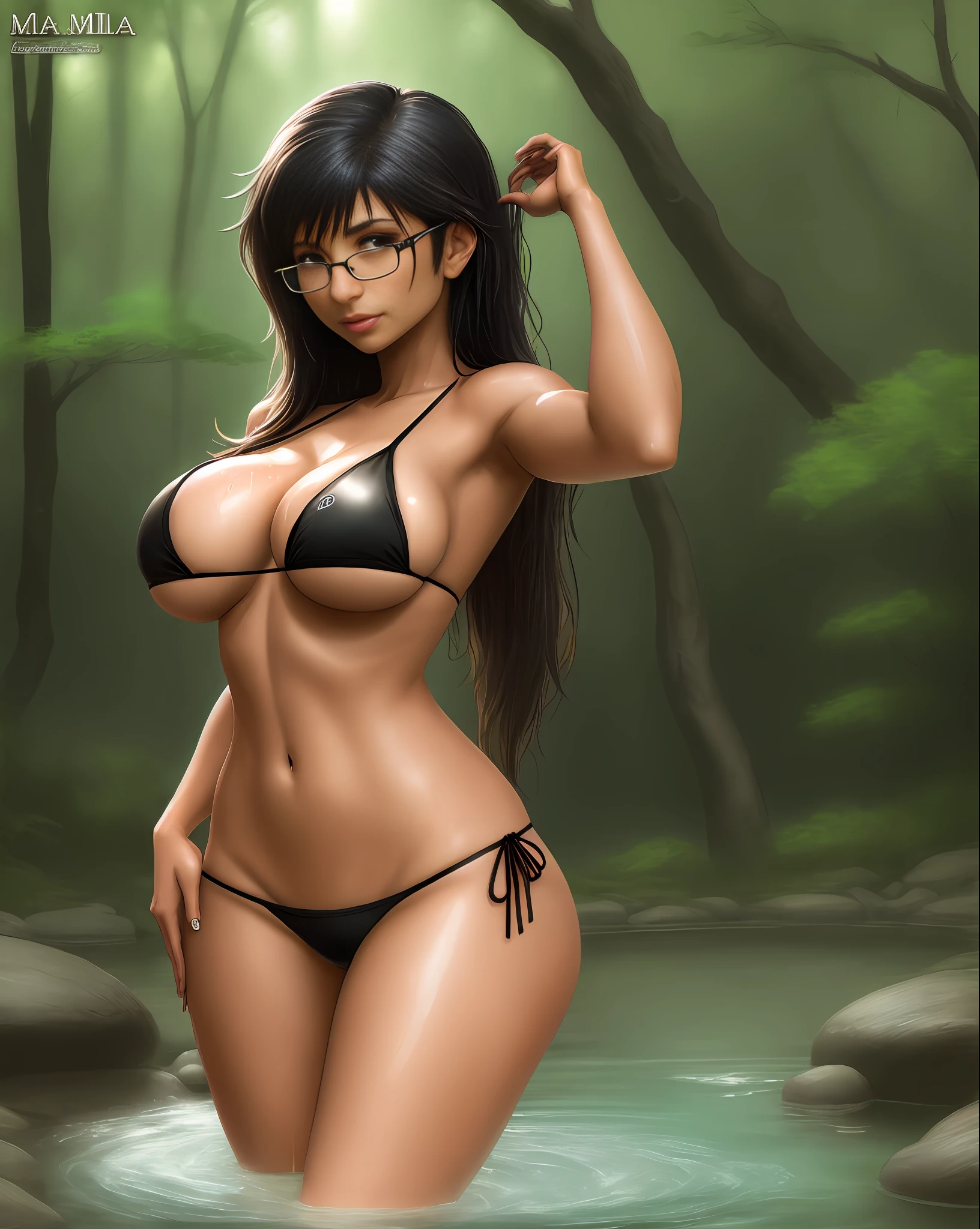 Mia Khalifa sexy anime version, big boobs, micro black bikini, bending forward, natural pool, forest, wet body, anime style
