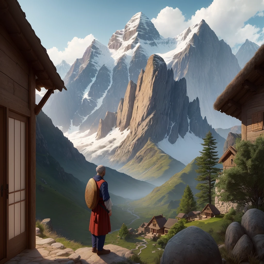 The image shows a man dressed in simple clothing from the time of Moses. He lives in a small stone house in the mountains. His house is built with rustic stone blocks and has a thatched roof supported by wooden beams. The man is standing in front of the house, looking at the horizon. He holds a papyrus scroll with sacred writings and notes that reflect his devotion to the teachings of Moses. The house is in a mountainous region, surrounded by majestic peaks and little vegetation. Despite the isolated environment, the image conveys a sense of peace and spiritual connection. Super realistic cinematic in 4k