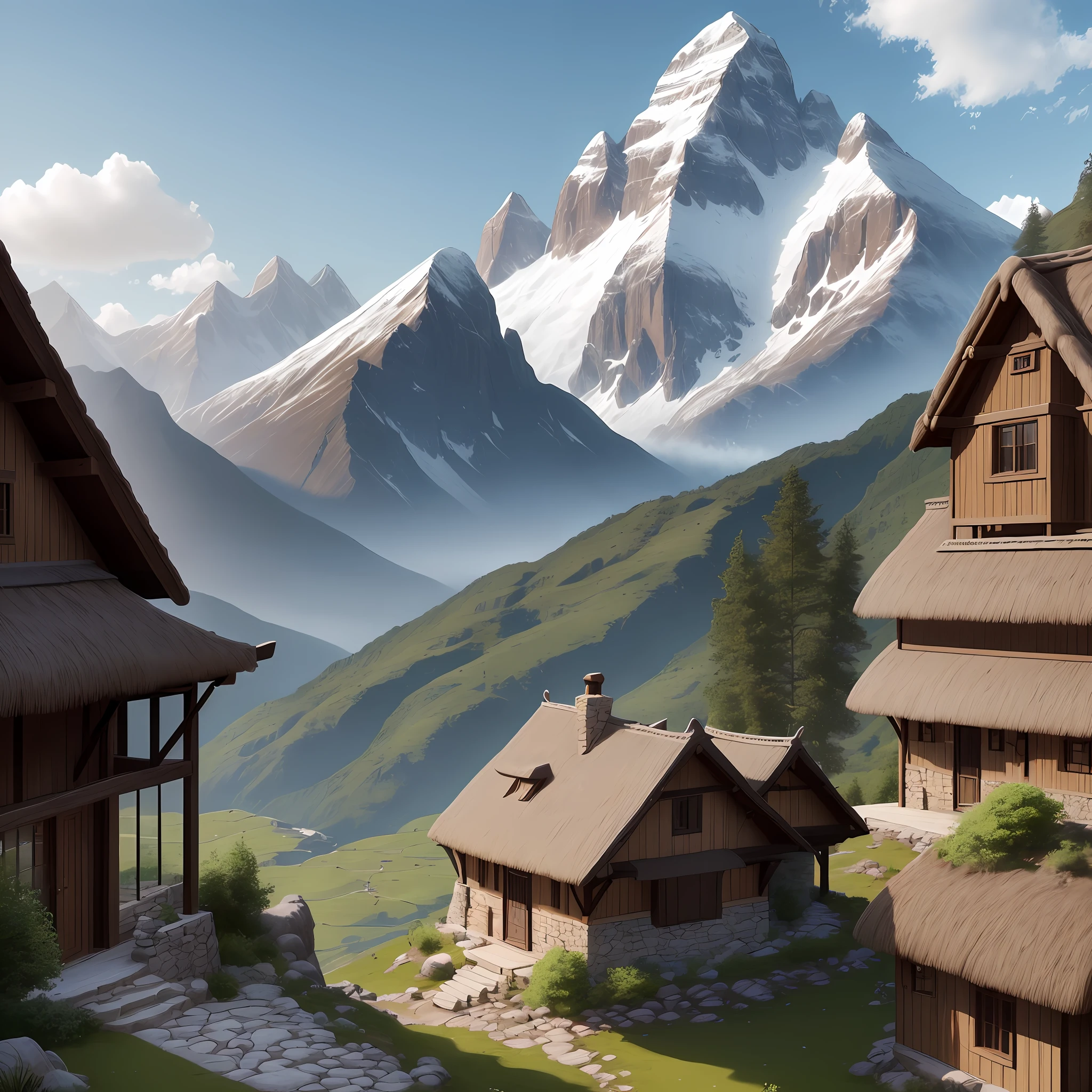 The image shows a man dressed in simple clothing from the time of Moses. He lives in a small stone house in the mountains. His house is built with rustic stone blocks and has a thatched roof supported by wooden beams. The man is standing in front of the house, looking at the horizon. He holds a papyrus scroll with sacred writings and notes that reflect his devotion to the teachings of Moses. The house is in a mountainous region, surrounded by majestic peaks and little vegetation. Despite the isolated environment, the image conveys a sense of peace and spiritual connection. Super realistic cinematic in 4k