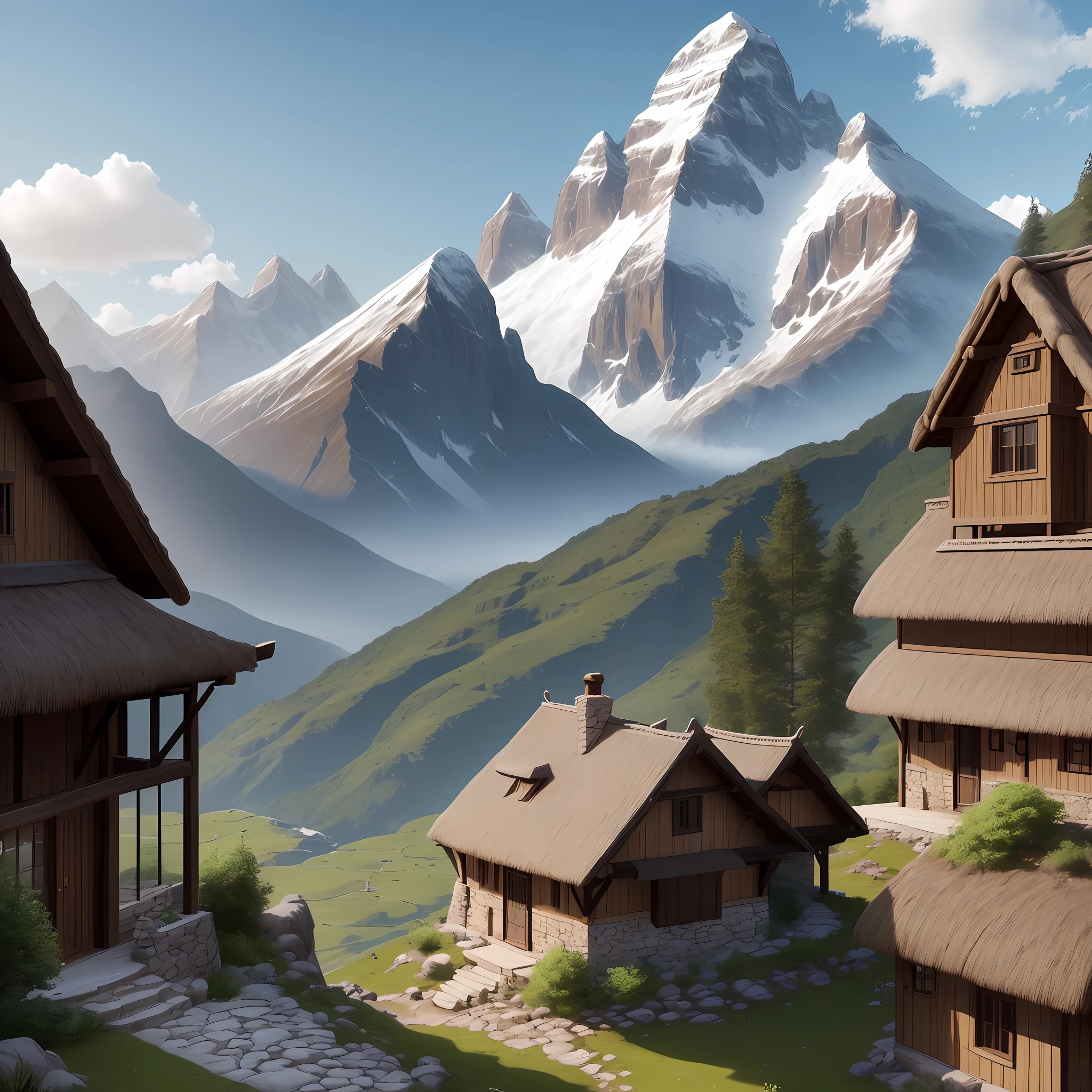 The image shows a man dressed in simple clothing from the time of Moses. He lives in a small stone house in the mountains. His house is built with rustic stone blocks and has a thatched roof supported by wooden beams. The man is standing in front of the house, looking at the horizon. He holds a papyrus scroll with sacred writings and notes that reflect his devotion to the teachings of Moses. The house is in a mountainous region, surrounded by majestic peaks and little vegetation. Despite the isolated environment, the image conveys a sense of peace and spiritual connection. Super realistic cinematic in 4k
