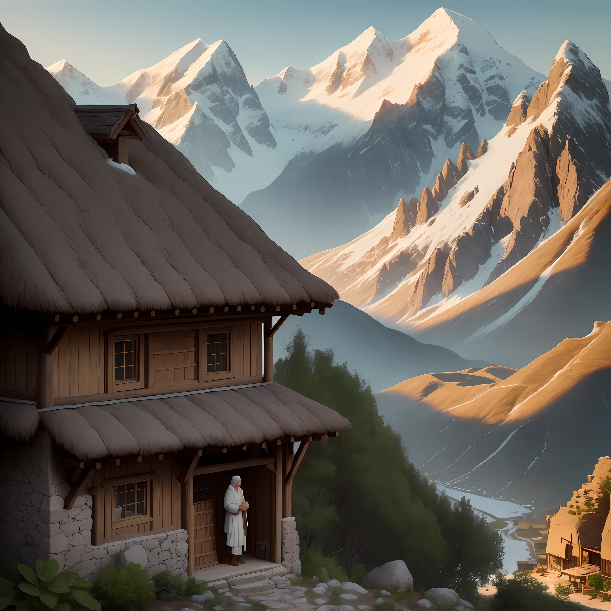 The image shows a man dressed in simple clothing from the time of Moses. He lives in a small stone house in the mountains. His house is built with rustic stone blocks and has a thatched roof supported by wooden beams. The man is standing in front of the house, looking at the horizon. He holds a papyrus scroll with sacred writings and notes that reflect his devotion to the teachings of Moses. The house is in a mountainous region, surrounded by majestic peaks and little vegetation. Despite the isolated environment, the image conveys a sense of peace and spiritual connection. Super realistic cinematic in 4k