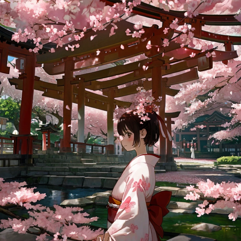 Two Japanese girls, kimono, ribbon, red, pink, cherry blossoms, torii, look back, masterpiece, highest quality
