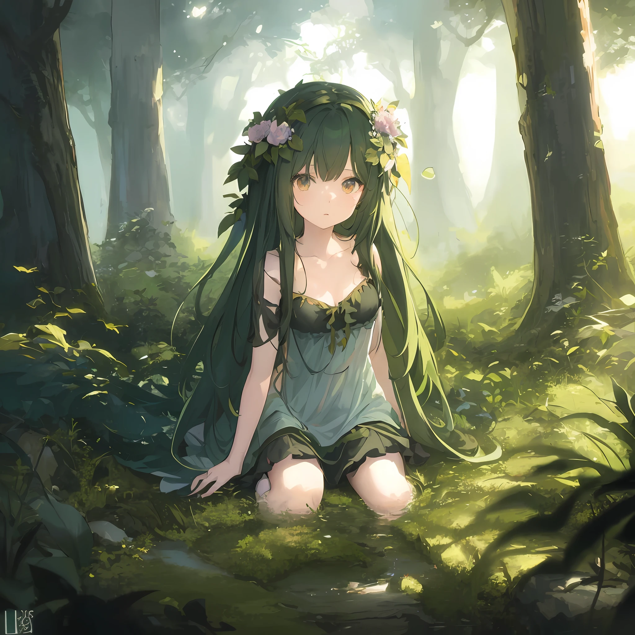 anime girl sitting in the woods with a flower crown on her head, anime lush john 8k woods, goddess of the forest, beautiful anime girl, goddess of nature, forest soul, beautiful anime, anime nature, beautiful anime artwork, cute anime girl, beautiful fantasy anime, beautiful anime art, anime girl with long hair, forest fairy, pretty anime girl