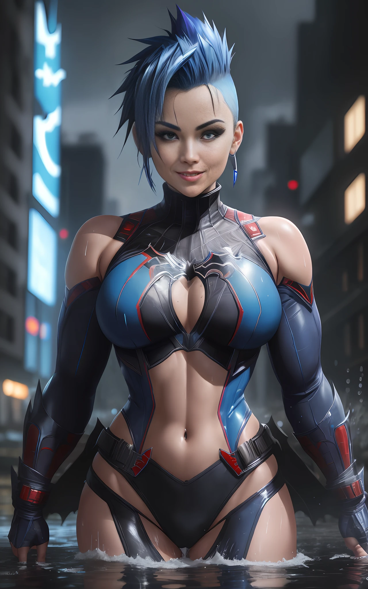 16k image, Anime style, Mortal Kombat, ((([Woman|as| Batman| Spider-Man]))), short blue mohawk hair, blue eyes, looking at the viewer, smiling, holding futuristic weapons, futuristic macabre city, very heavy rain, wet body, soaked clothes.